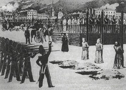 Petrashevsky Circle members in a mock execution in St. Petersburg, by B. Pokrovsky (1849)